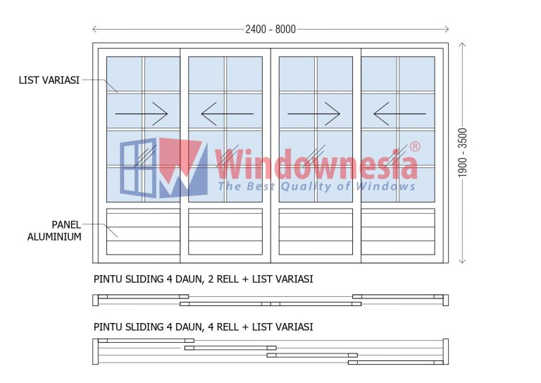Ukuran Pintu Geser Aluminium Kaca 4 Daun List Variasi