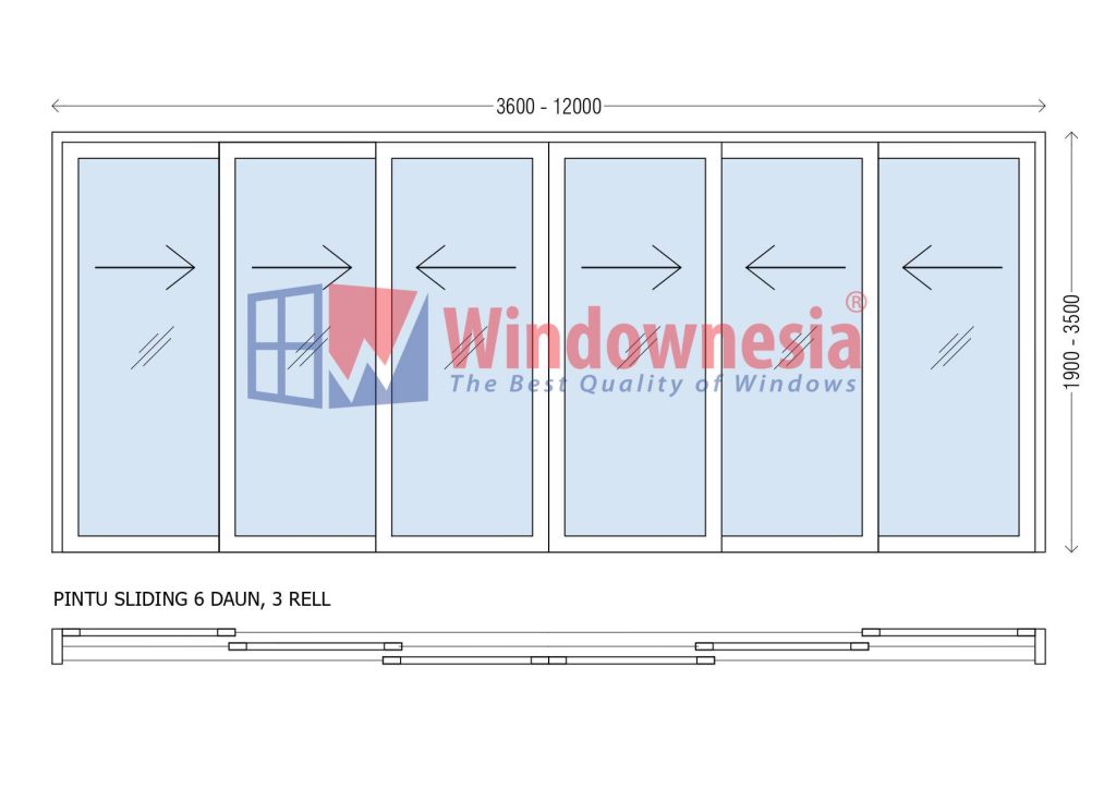 Ukuran Pintu Geser Aluminium Kaca 6 Daun 3 Rell